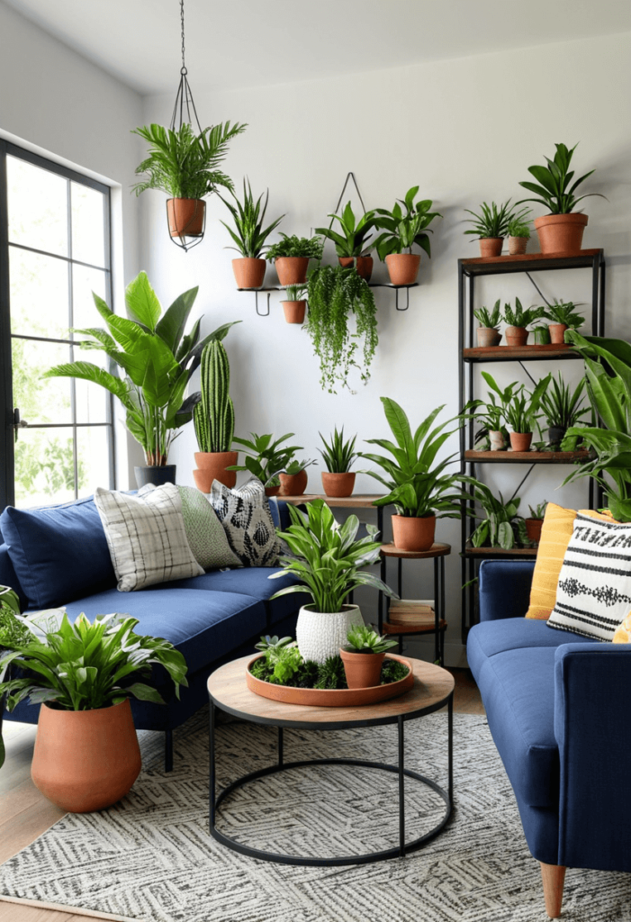 A vibrant living room adorned with indoor plants in unique pots and arrangements, adding a refreshing touch of greenery to the industrial decor.