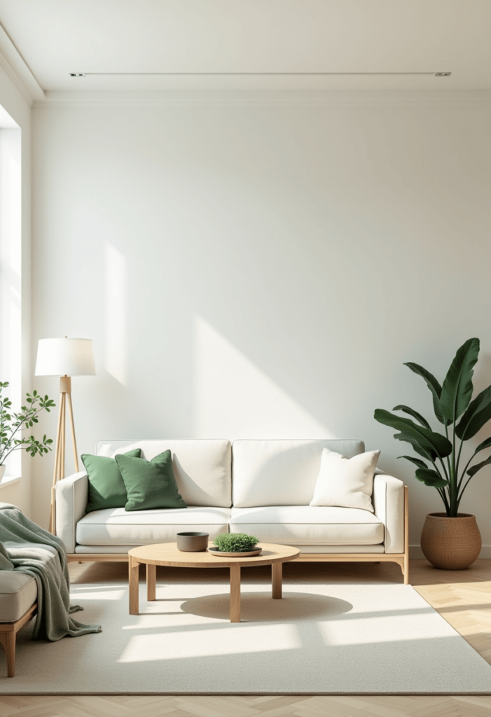 A living room embracing a minimalist aesthetic, featuring clean lines, a neutral color palette, and subtle green accents that create a peaceful and calm vibe.
