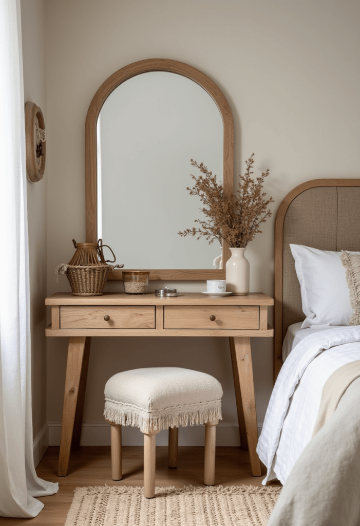 A rustic chic vanity in a small bedroom featuring natural wood, soft textiles, and charming decorative elements that enhance the cozy and inviting feel.