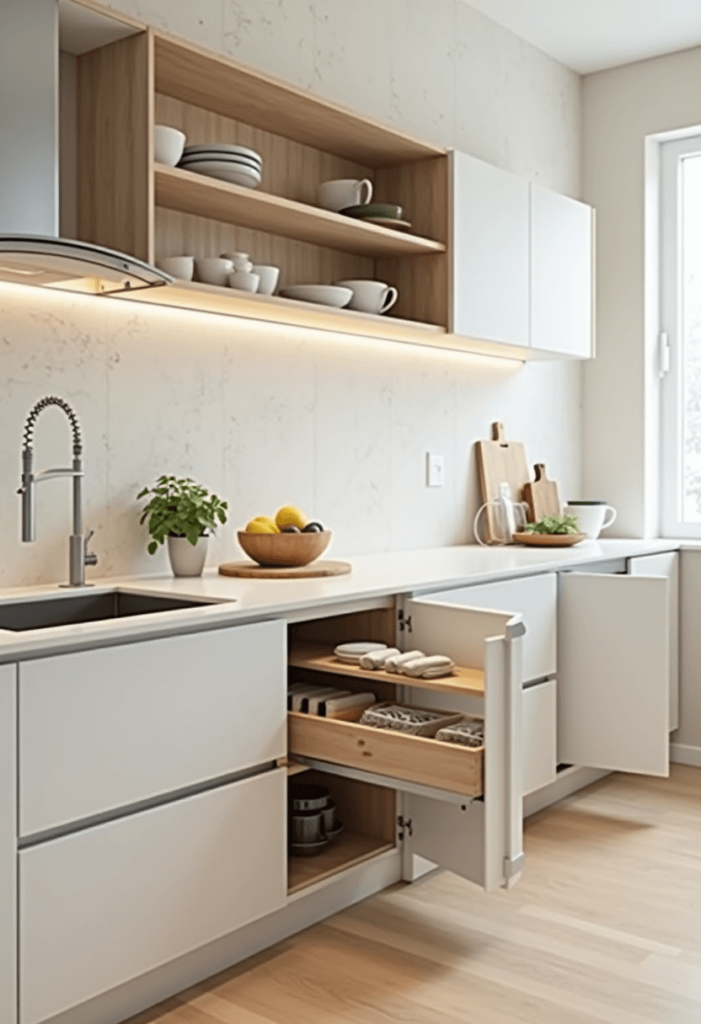 A kitchen featuring sliding cabinet doors that glide open smoothly, enhancing accessibility while maintaining a sleek and modern appearance.