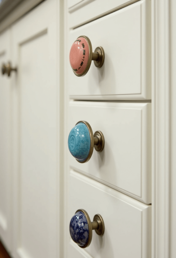 Kitchen cabinets adorned with bold hardware, showcasing oversized knobs and colored pulls, adding a touch of personality and style to the overall design.