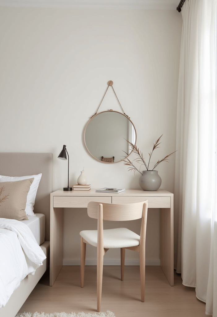 A Scandinavian-inspired vanity with clean lines and a neutral color scheme, exemplifying minimalist aesthetics in a tidy small bedroom environment.