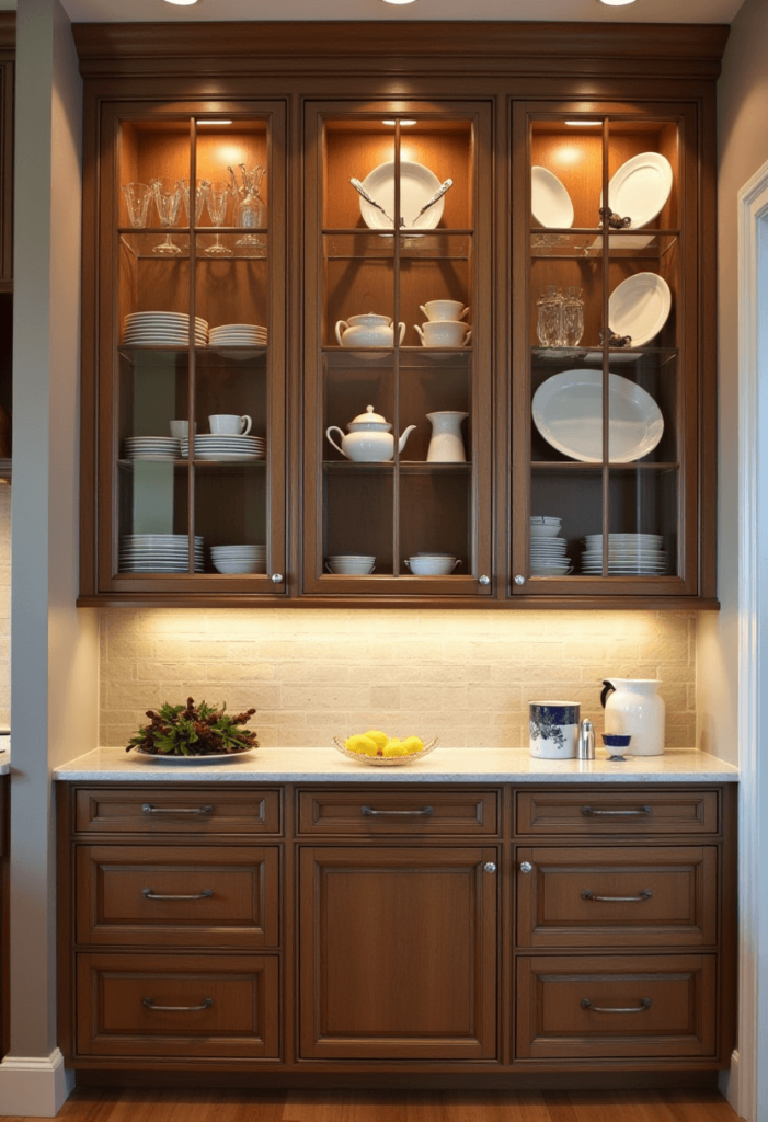 Kitchen cabinets with glass fronts displaying elegantly arranged dishware, using lighting to highlight the contents for a stunning visual effect.