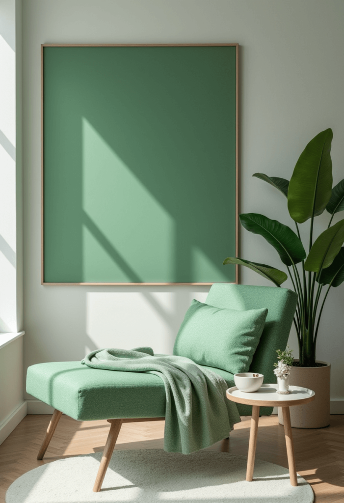 A sophisticated monochrome green board showcasing various shades of green paired with neutral accents, highlighting a serene environment.