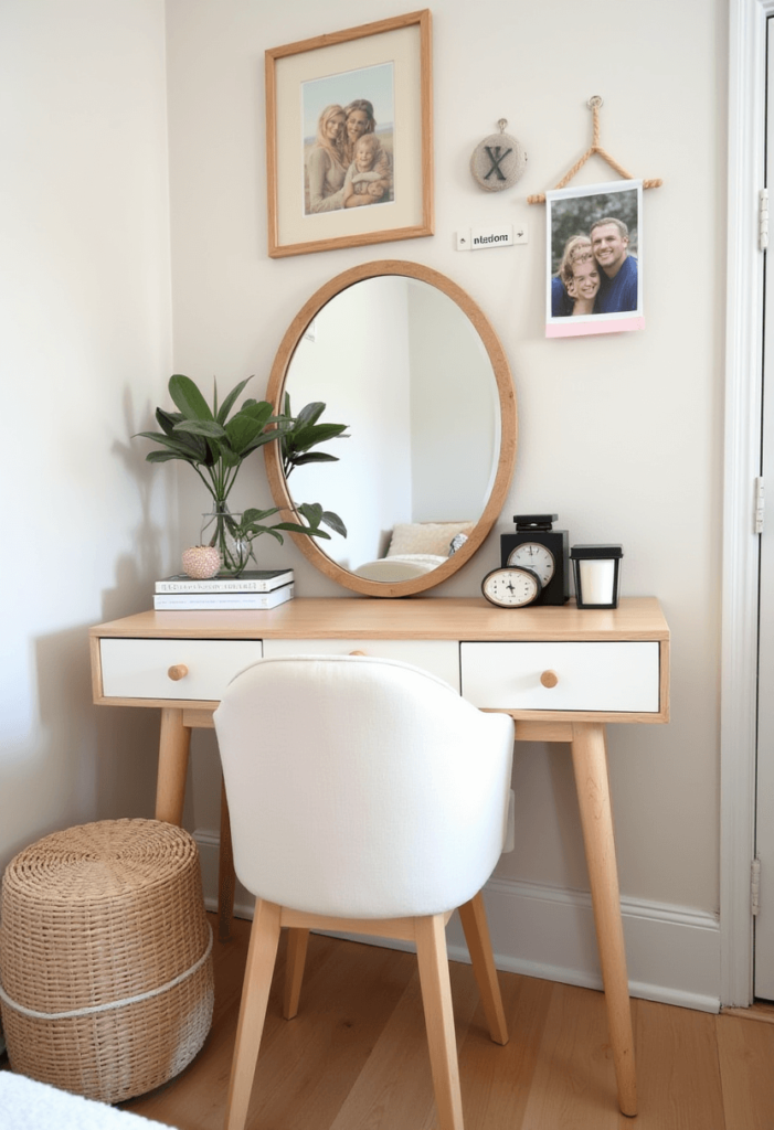 A vanity adorned with personalized decor items such as nameplates, framed photos, and unique trinkets that reflect individuality in a stylish small bedroom setup.