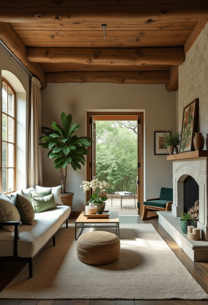 A living room showcasing rustic charm with wooden beams, earthy tones, and cozy green decor elements that enhance the serene and inviting vibe of the space.