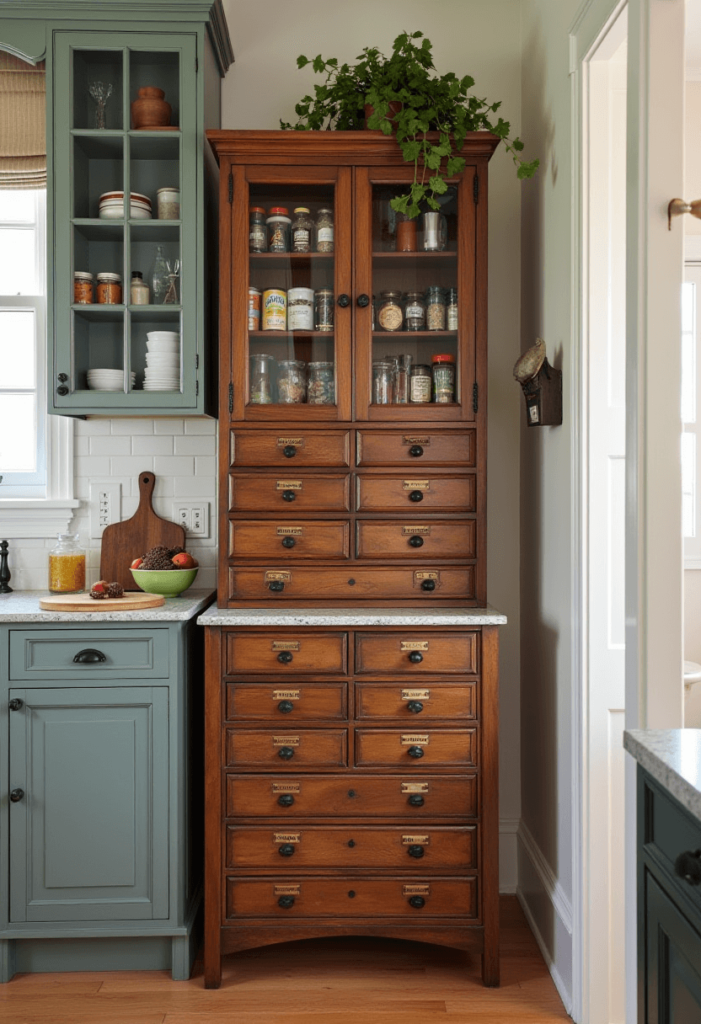 A vintage-inspired apothecary cabinet in a kitchen, featuring multiple small drawers filled with spices and cooking essentials, adding charm to the space.