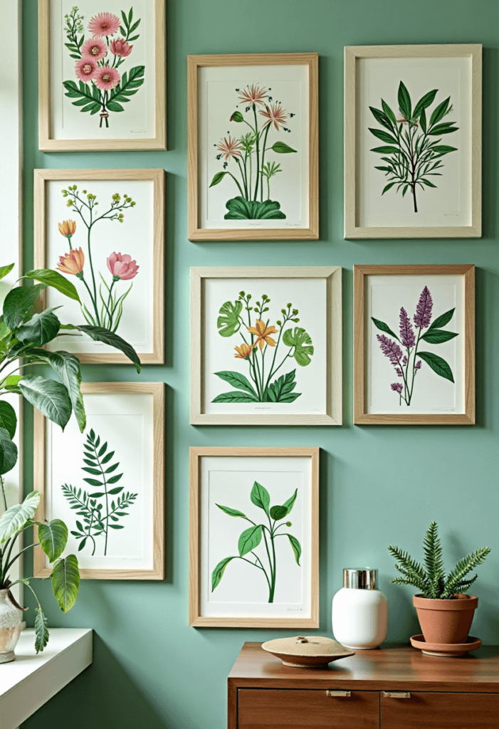 A green board featuring vibrant botanical prints filled with flowers and leaves, celebrating plant life and bringing nature indoors.