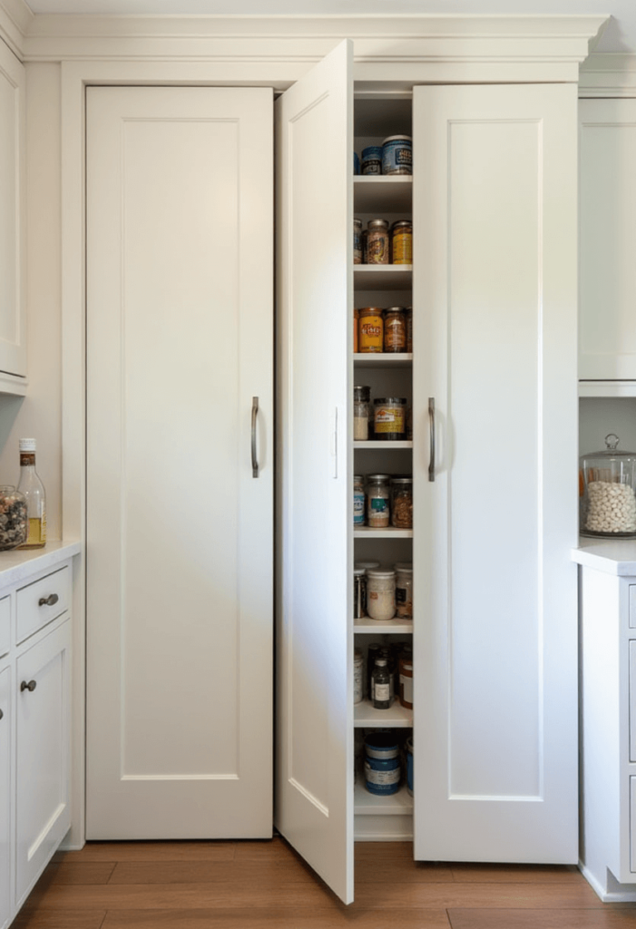 Kitchen cabinets featuring sliding pocket doors that reveal neatly organized pantry items, maintaining a streamlined and tidy look.