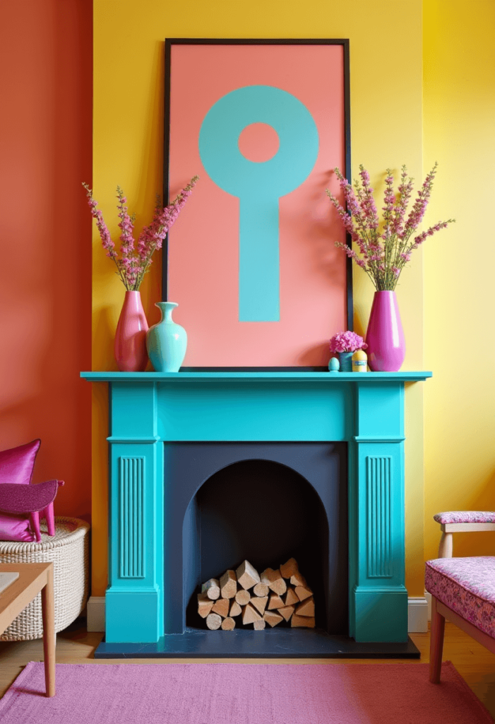 A vibrant corner fireplace mantel painted in a deep color, adorned with oversized art pieces, colorful vases, and playful decor items that reflect a lively and fun ambiance.
