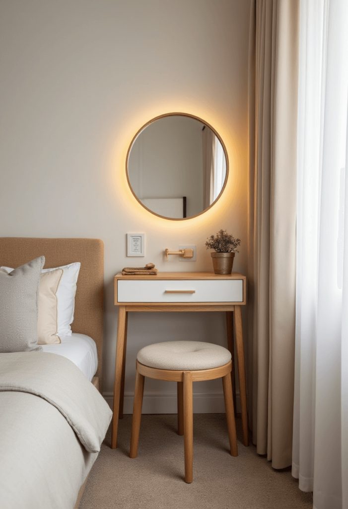 A cozy corner vanity set up in a small bedroom, showcasing a compact design with a mirror and practical storage options effectively utilizing the available space.