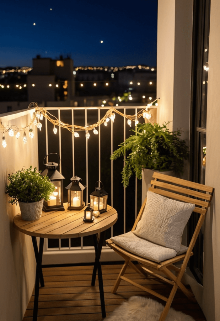 An apartment balcony showcasing decorative lanterns filled with fairy lights placed on a small table, enhancing the charming and festive atmosphere for outdoor gatherings.