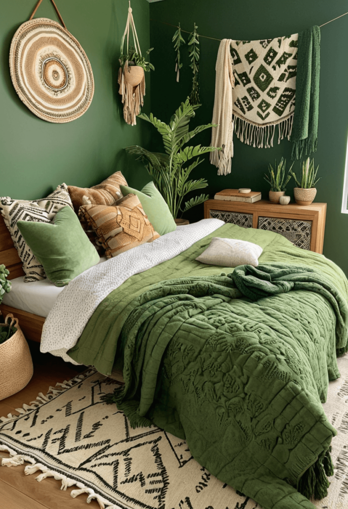 A cozy bed in a green boho bedroom layered with various soft textiles, such as textured blankets and plush pillows in different shades of green for a warm and inviting look.