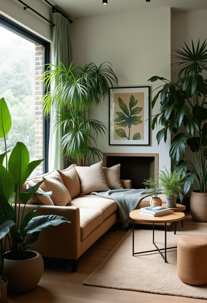 A cozy living room filled with lush indoor plants, including tall palms and trailing vines, enhancing the environment and establishing a soothing connection to nature.