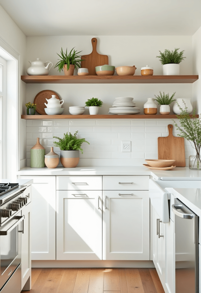 A kitchen with open shelving displaying colorful dishware, decorative items, and plants, creating an airy and organized space that promotes easy access to essentials.