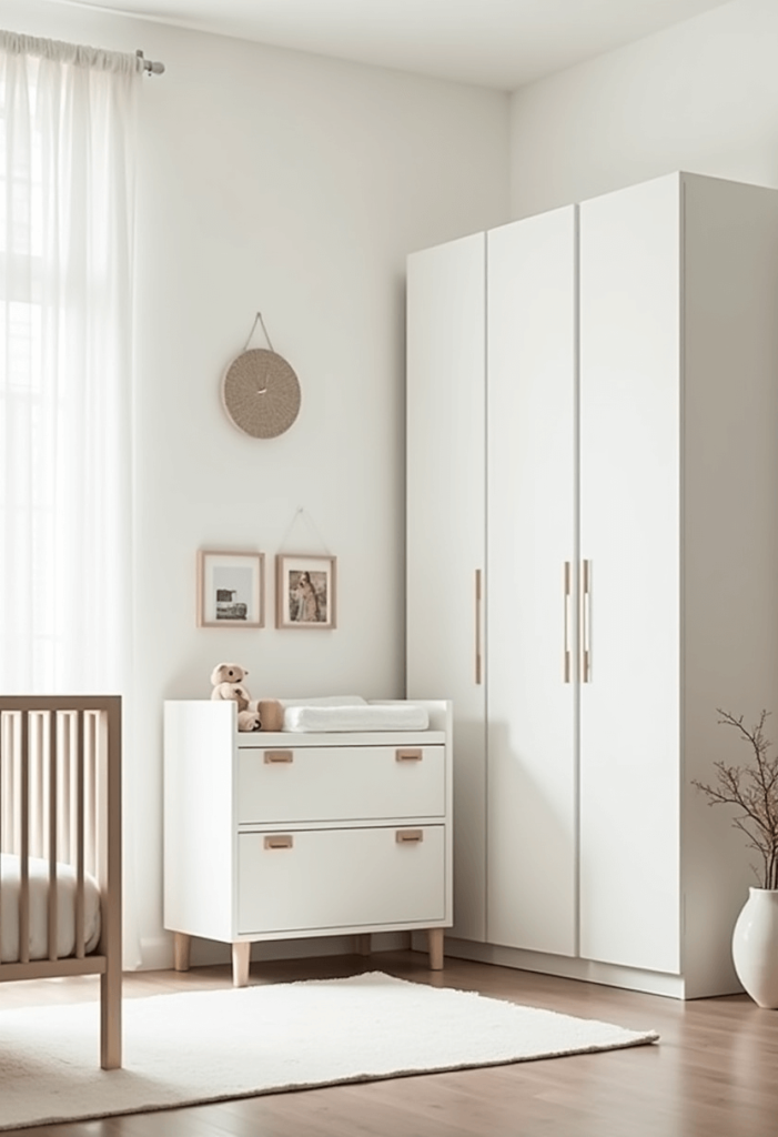 A small nursery showcasing simple furniture designs, including a minimalist crib, a compact changing table, and clean-lined storage units that promote an organized space.