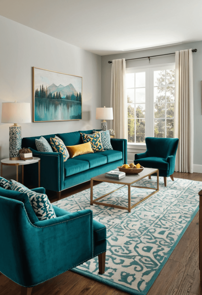 A cozy living room showcasing teal-colored furniture pieces, including a velvet sofa and patterned accent chairs, highlighting their vibrant presence.