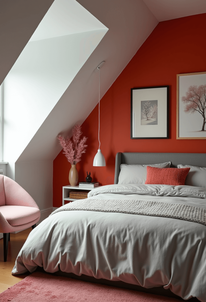 A sloped ceiling bedroom painted in bold colors, complemented by contrasting walls and stylish decor that enhances the room’s energy.