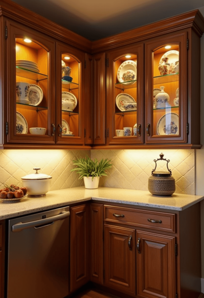 Kitchen cabinets with decorative cabinet lighting, illuminating dishes and decor inside to create a warm and inviting ambiance.