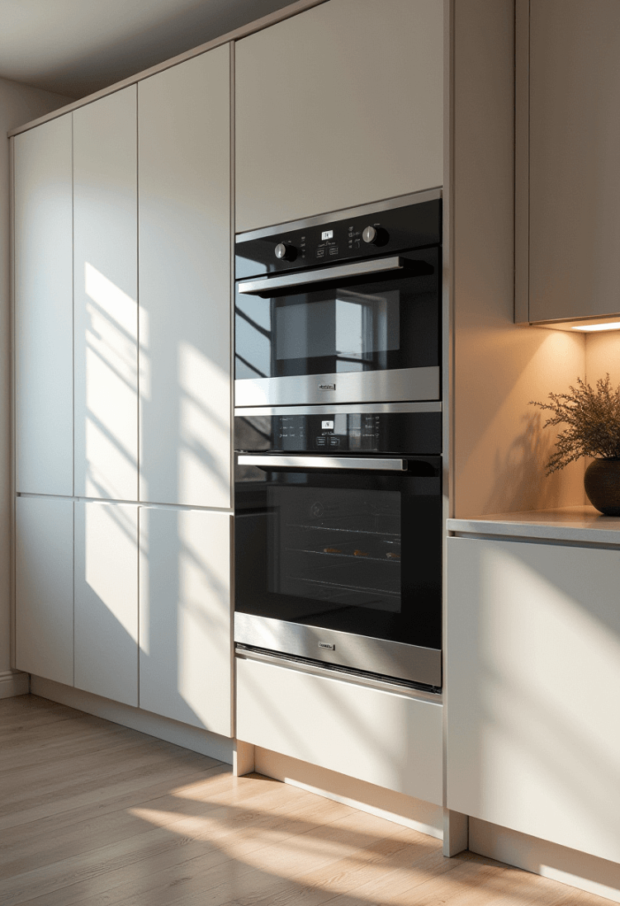 Kitchen cabinets designed with integrated appliances, showcasing a modern and sleek design where the appliances blend seamlessly with the cabinetry.