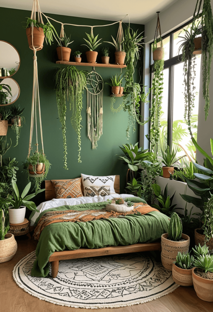 A green boho bedroom adorned with a variety of indoor plants, including tall potted plants and hanging vines, enhancing the room's natural ambiance and connection to nature.