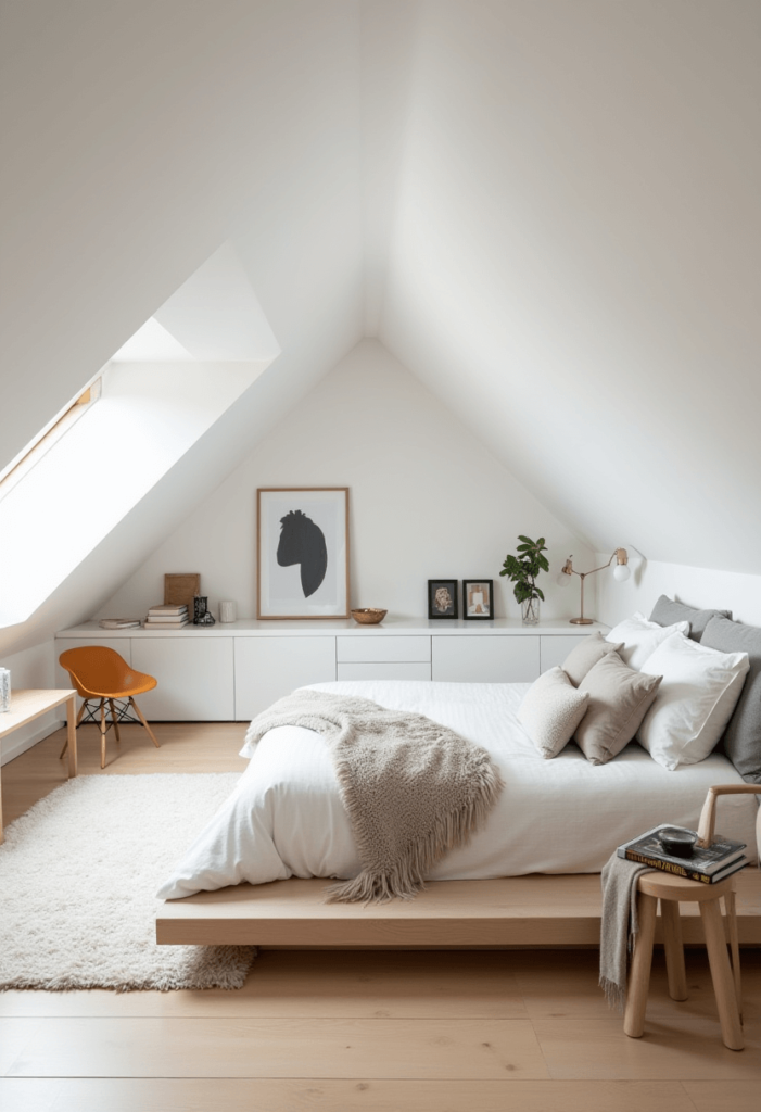 A modern sloped ceiling bedroom furnished with low-profile furniture, including a platform bed, creating a sense of openness and minimalistic style.