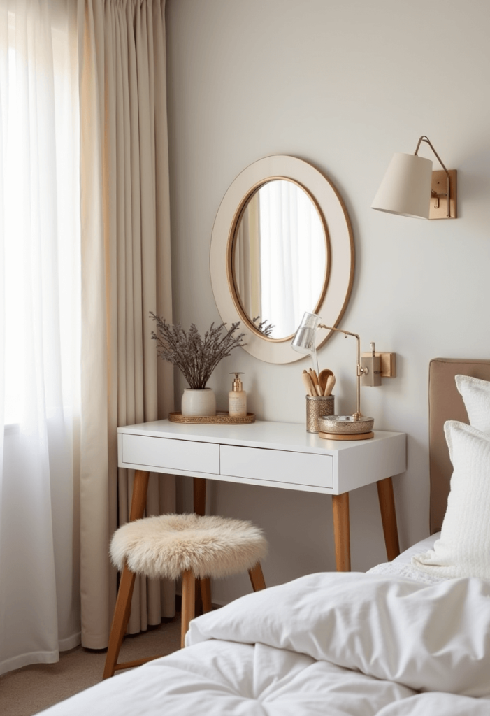 A bright and inviting small bedroom featuring a compact dressing table adorned with beauty essentials, a decorative mirror, and stylish decor accents.