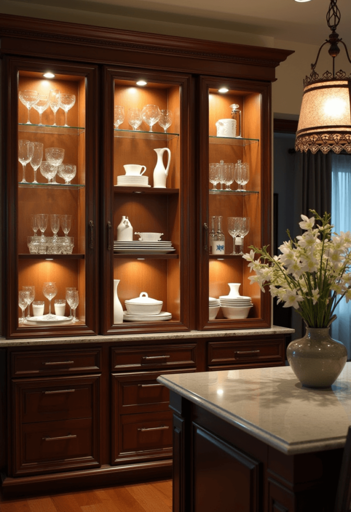 Elegant kitchen cabinets with glass fronts showcasing beautifully arranged dishware and glassware, illuminated by soft lights that create a sophisticated atmosphere.