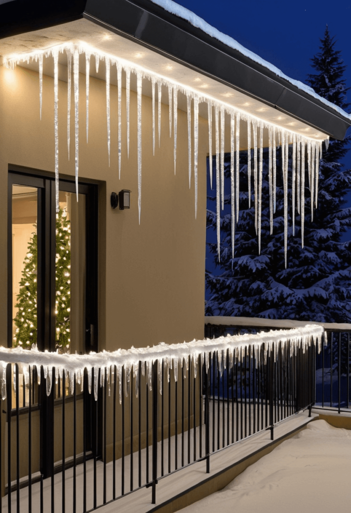 An apartment balcony decorated with LED icicle lights hanging from the edges, providing a festive touch that mimics icicles and enhances the holiday spirit.