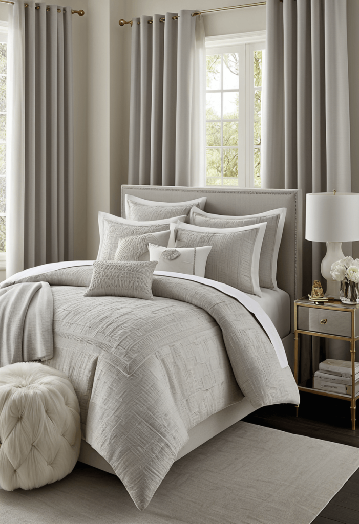 A chic bedroom decorated with a monochromatic color scheme, showcasing various shades and textures of a single color in the bedding, curtains, and accessories for a cohesive look