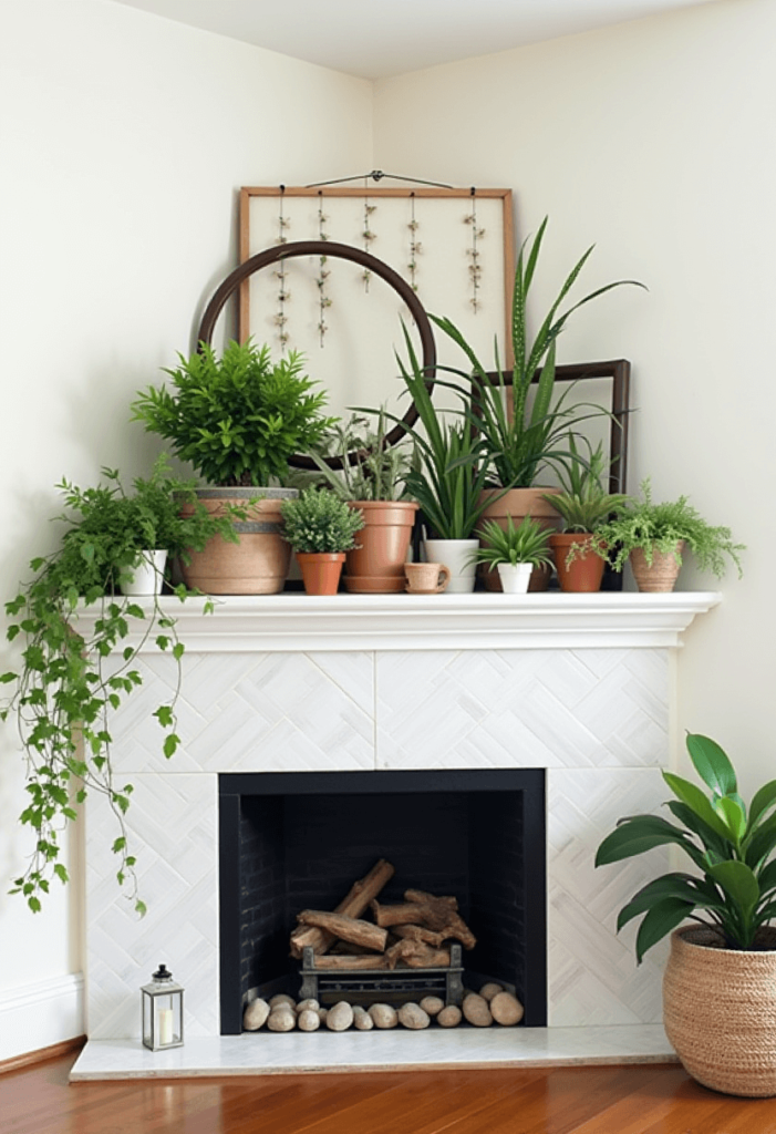 A corner fireplace mantel filled with a variety of potted plants, hanging greenery, and natural elements like stones and driftwood, creating a serene, nature-inspired decor.