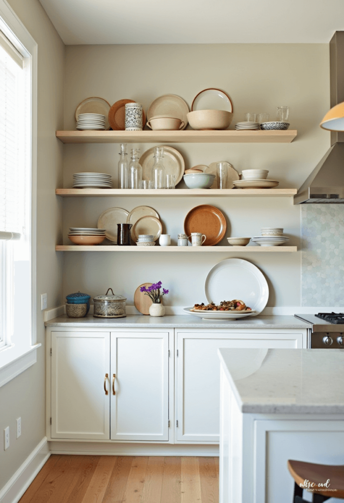 A cozy kitchen with organized open shelving displaying colorful dishes, glassware, and decorative items, creating an inviting and spacious look.