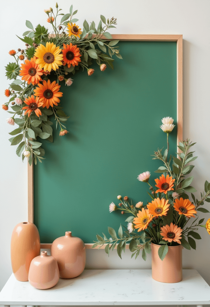 A seasonal green board decorated with bright flowers and warm earthy tones, reflecting the themes of spring and summer.