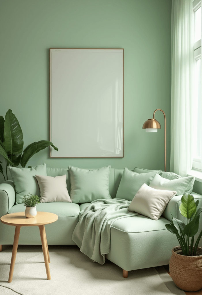 A serene living room decorated in a soft green color palette, featuring pale green walls and coordinating furniture that create a peaceful setting for relaxation.