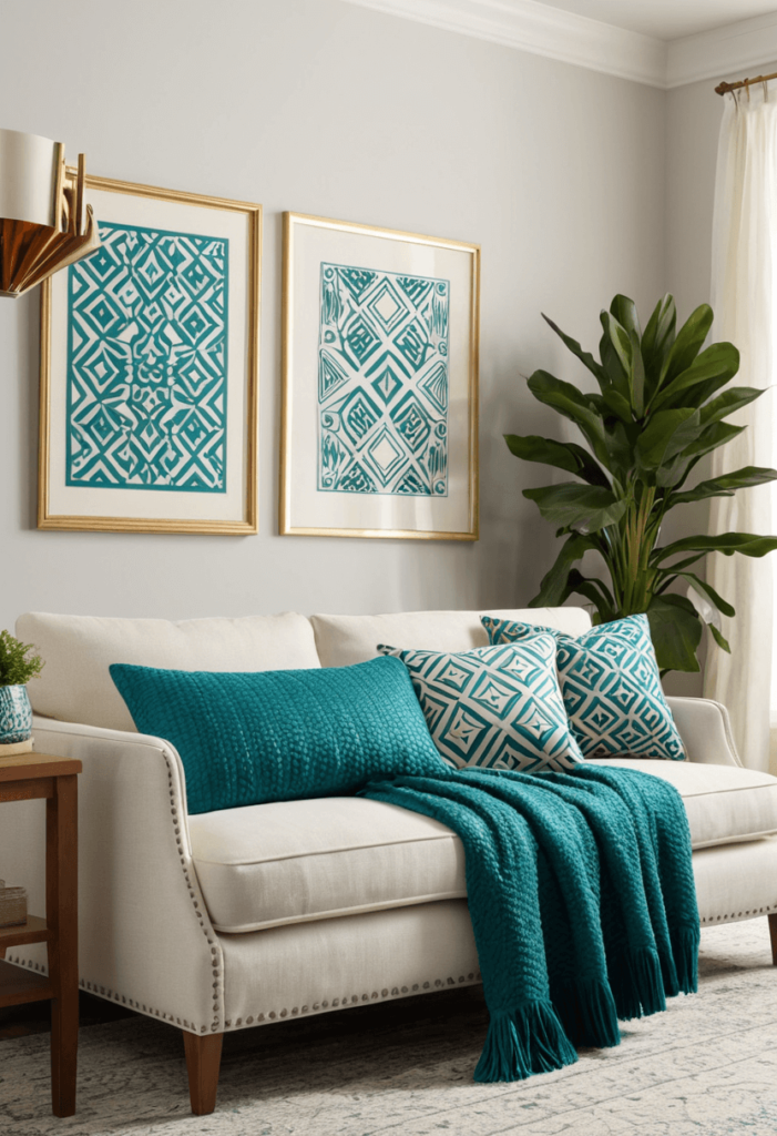 A stylish sofa adorned with a variety of teal throw pillows in different patterns and textures, adding comfort and color to the living space.