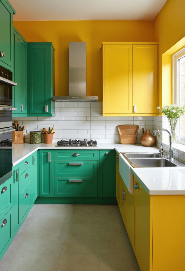 A kitchen with cabinets painted in bold colors like emerald green and bright yellow, creating a lively focal point against neutral countertops and backsplashes.