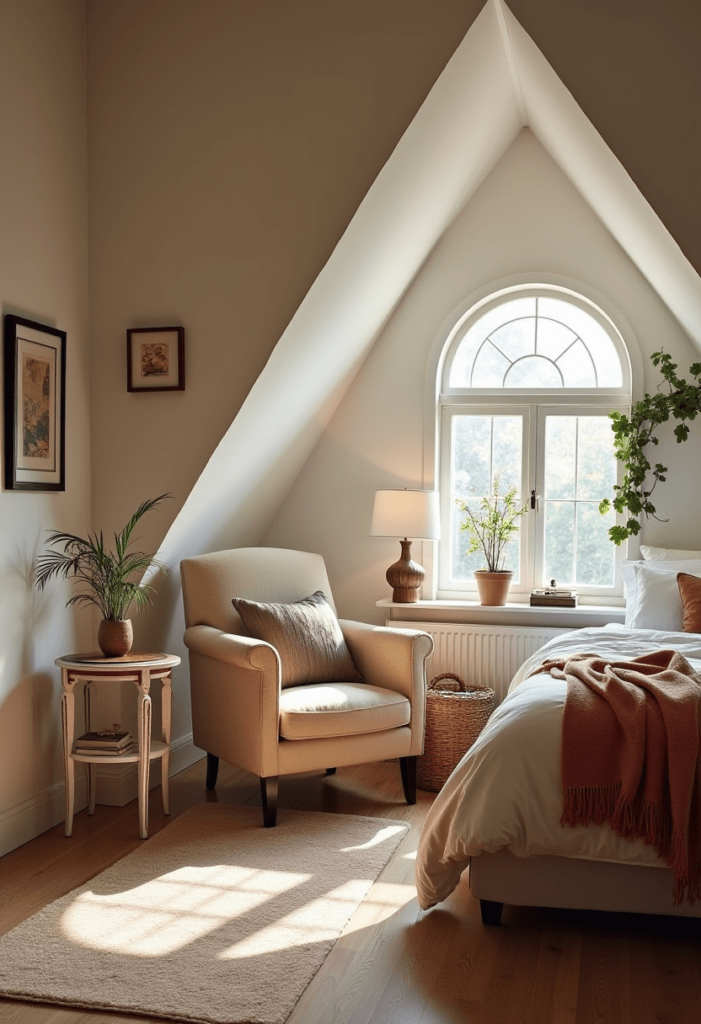 A charming reading nook in a sloped ceiling bedroom, featuring a comfortable chair, side table, and cozy textiles that invite relaxation.