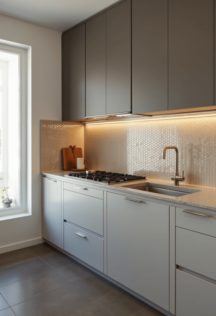 A kitchen interior featuring a combination of matte cabinets, glossy backsplash tiles, and textured countertops, illustrating depth and interest in design.