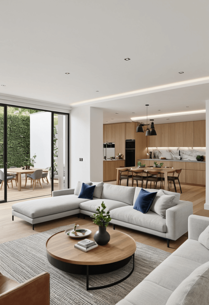 An open layout living room seamlessly connecting with adjoining spaces, showcasing minimal partitions and a spacious design ideal for entertaining.