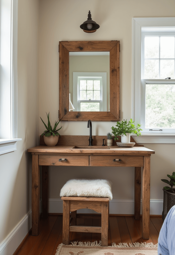 A rustic reclaimed wood vanity in a small bedroom, complemented by a vintage mirror and earthy decor, with natural light filtering into the serene space.