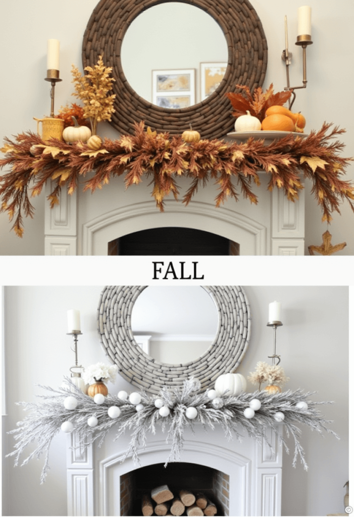 A fireplace mantel decorated for fall with warm tones and pumpkins, contrasted with a winter display featuring whites and silver decorations, illustrating seasonal versatility.