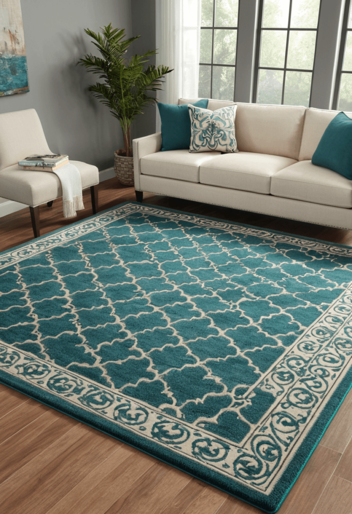 A living room with a beautiful teal area rug that anchors the space, featuring complementary furniture and decor elements that enhance the overall color scheme.