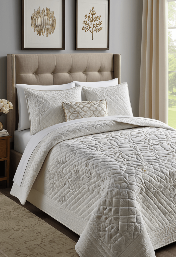 A cozy bedroom featuring a textured bedspread with quilting and embroidery details, adding depth and style to the overall design of the room.