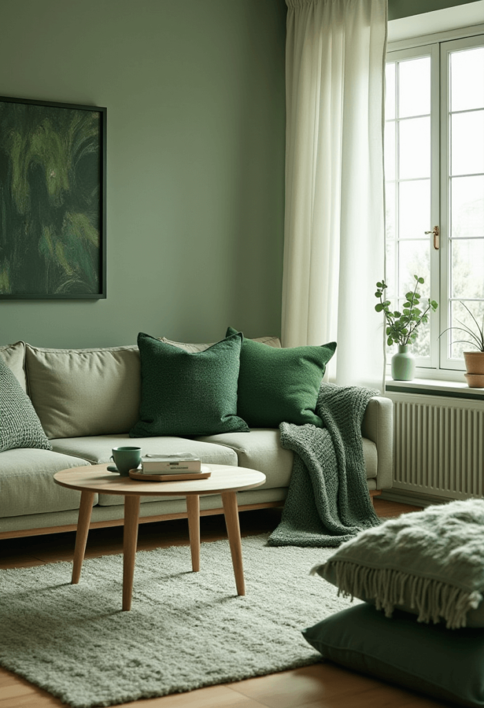 A living room showcasing textured fabrics, including cozy rugs, plush pillows, and layered throws in various shades of green, promoting comfort and a calm atmosphere.