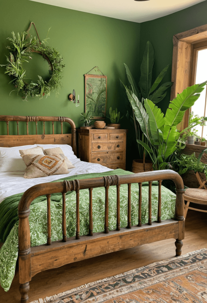 A charming green boho bedroom featuring vintage furniture, including a reclaimed wood bed frame and antique dresser, beautifully accented with green decorative pieces.