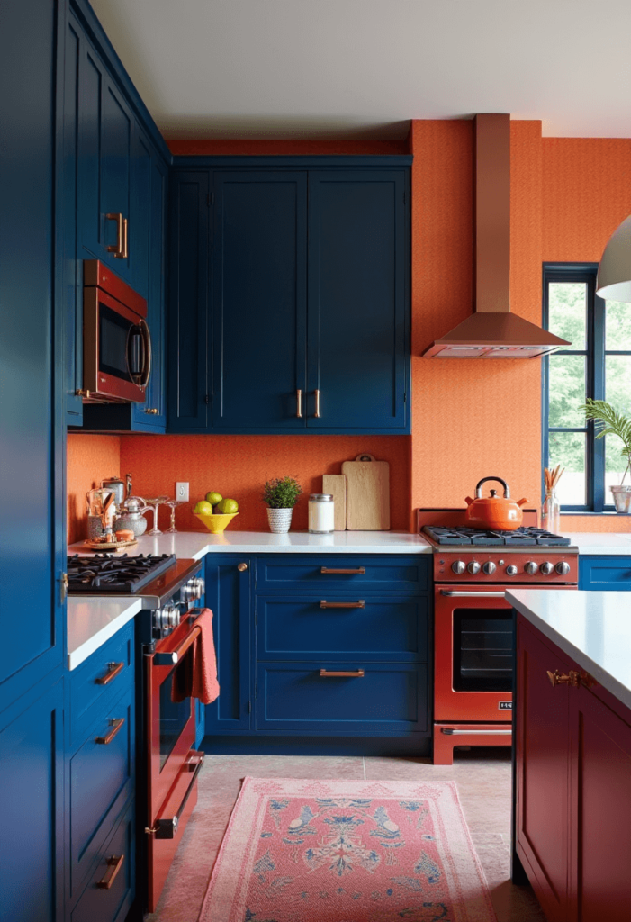 A vibrant kitchen showcasing bold navy blue cabinetry and striking appliances, focusing on the use of color as a central design element.