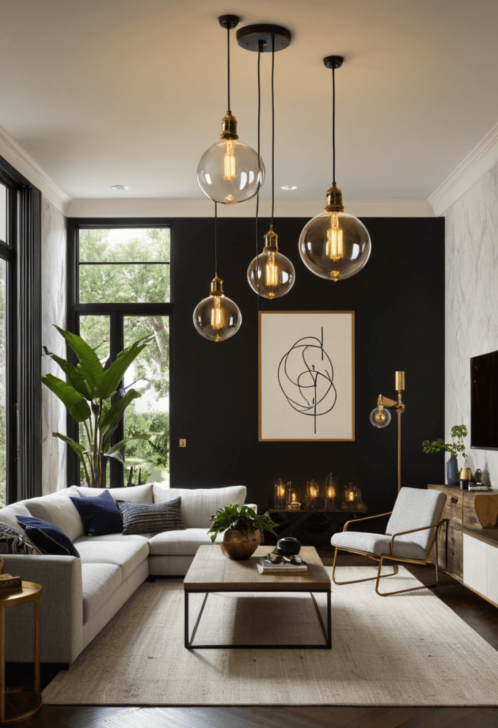 A dramatic living room featuring bold lighting fixtures, including oversized pendant lights and vintage Edison bulbs illuminating the chic space.