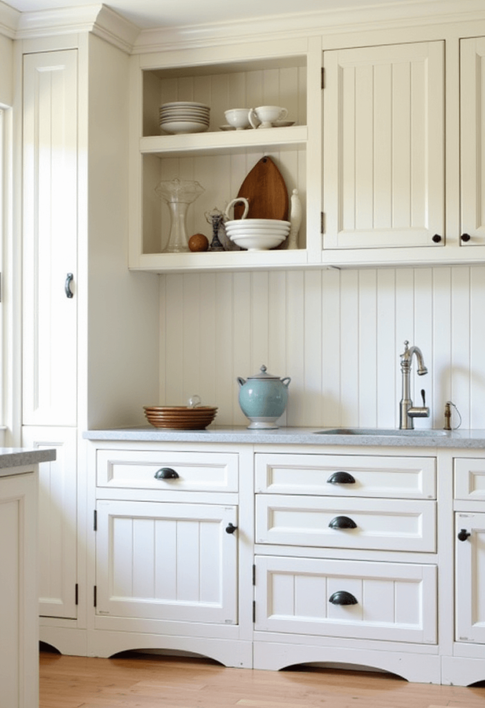 A charming farmhouse-style kitchen featuring rustic wood cabinets finished in soft whites and adorned with vintage hardware, evoking a cozy and welcoming feel