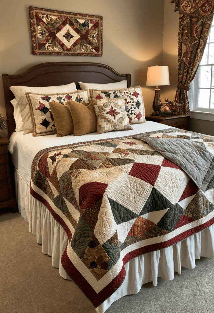 A charming bedroom adorned with a handmade quilt, displaying intricate patterns and warm colors, elegantly draped over the bed for added warmth and character.