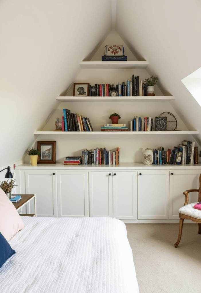 A sloped ceiling bedroom with custom-built shelves displaying an assortment of books and decorative items, blending functionality with aesthetic appeal.